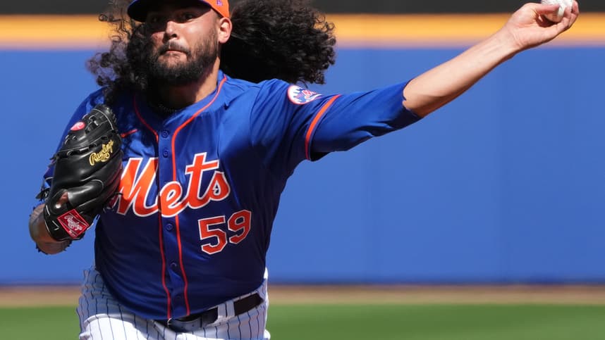 New York Mets relief pitcher Sean Manaea (59) throws batting practice during workouts at spring training