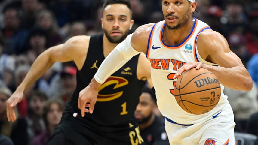 New York Knicks guard Josh Hart (3) dribbles beside Cleveland Cavaliers guard Max Strus (1) in the second quarter at Rocket Mortgage FieldHouse
