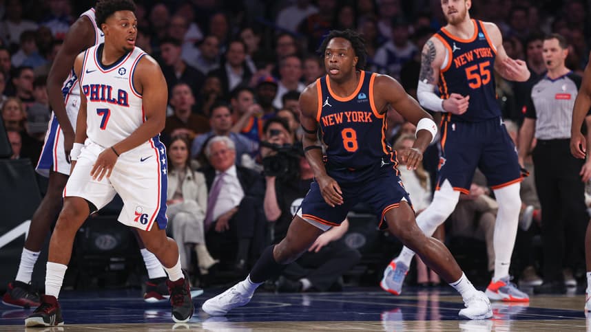 New York Knicks forward OG Anunoby (8) in action against Philadelphia 76ers guard Kyle Lowry (7) during the first quarter at Madison Square Garden