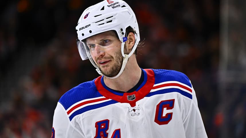 New York Rangers defenseman Jacob Trouba (8) looks on against the Philadelphia Flyers in the third period at Wells Fargo Center