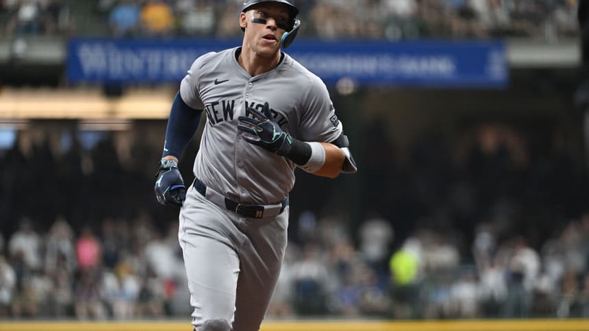 Apr 27, 2024; Milwaukee, Wisconsin, USA; New York Yankees outfielder Aaron Judge (99) rounds the bases after hitting home run against Milwaukee Brewers in the sixth inning at American Family Field. Mandatory Credit: Michael McLoone-USA TODAY Sports
