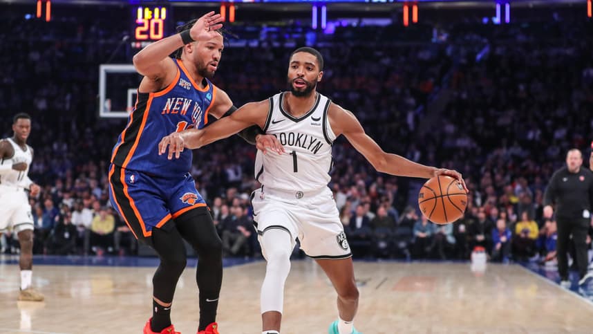Brooklyn Nets forward Mikal Bridges (1) looks to drive past New York Knicks guard Jalen Brunson (11) in the first quarter at Madison Square Garden