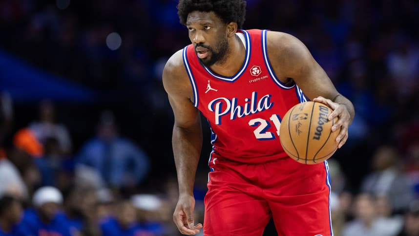 Apr 28, 2024; Philadelphia, Pennsylvania, USA; Philadelphia 76ers center Joel Embiid (21) dribbles the ball against the New York Knicks during the first half of game four of the first round in the 2024 NBA playoffs at Wells Fargo Center. Mandatory Credit: Bill Streicher-USA TODAY Sports