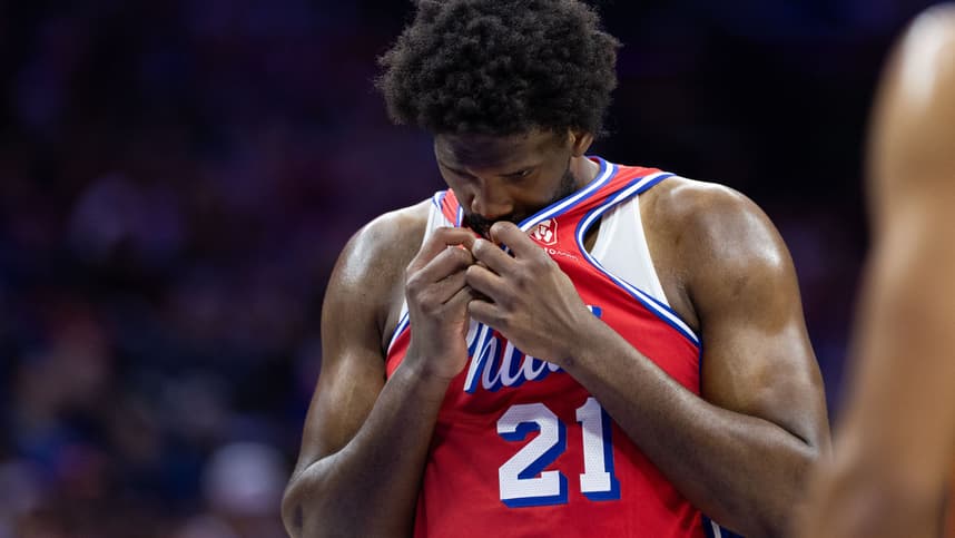 Apr 28, 2024; Philadelphia, Pennsylvania, USA; Philadelphia 76ers center Joel Embiid (21) prepares to take a foul shot against the New York Knicks during the first half of game four of the first round in the 2024 NBA playoffs at Wells Fargo Center. Mandatory Credit: Bill Streicher-USA TODAY Sports