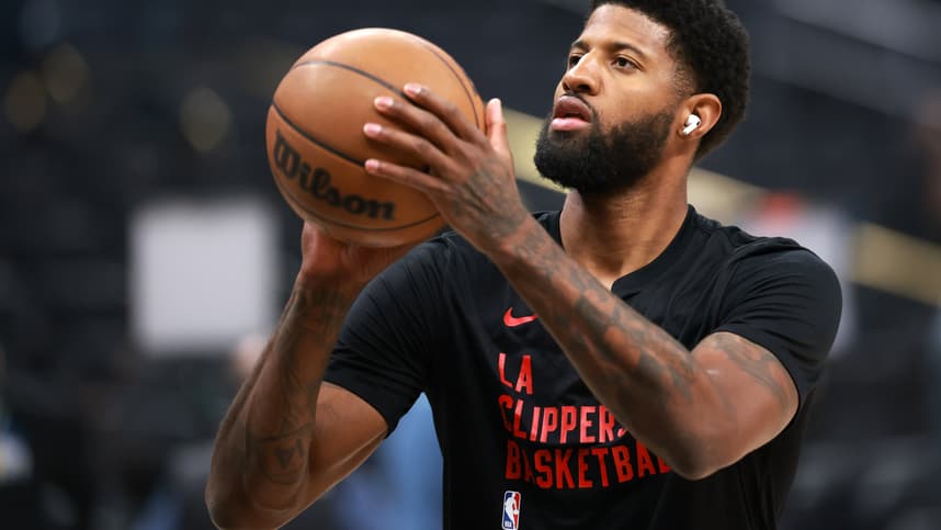 Apr 12, 2024; Los Angeles, California, USA;  Los Angeles Clippers forward Paul George (13) warms up prior to the NBA game against the Utah Jazz at Crypto.com Arena. Mandatory Credit: Kiyoshi Mio-USA TODAY Sports