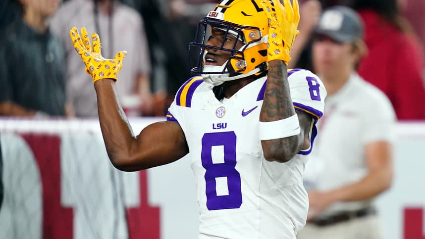 Nov 4, 2023; Tuscaloosa, Alabama, USA; LSU Tigers wide receiver Malik Nabers (New York Giants) (8) celebrates his 46 yard touchdown against the Alabama Crimson Tide during the first quarter at Bryant-Denny Stadium. Mandatory Credit: John David Mercer-USA TODAY Sports