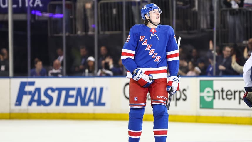 New York Rangers center Matt Rempe (73) looks at the scoreboard after scoring a goal in the second period against the Washington Capitals in game one of the first round of the 2024 Stanley Cup Playoffs at Madison Square Garden