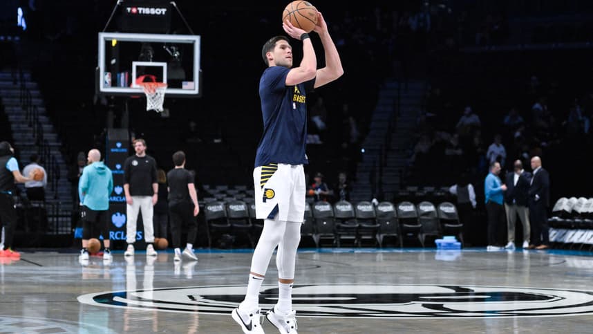 Apr 3, 2024; Brooklyn, New York, USA; Indiana Pacers forward Doug McDermott (20) warms up before a game against the Brooklyn Nets at Barclays Center. Mandatory Credit: John Jones-USA TODAY Sports