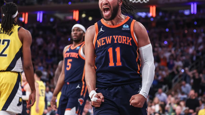 May 8, 2024; New York, New York, USA; New York Knicks guard Jalen Brunson (11) celebrates in the fourth quarter  after scoring against the Indiana Pacers during game two of the second round for the 2024 NBA playoffs at Madison Square Garden. Mandatory Credit: Wendell Cruz-USA TODAY Sports