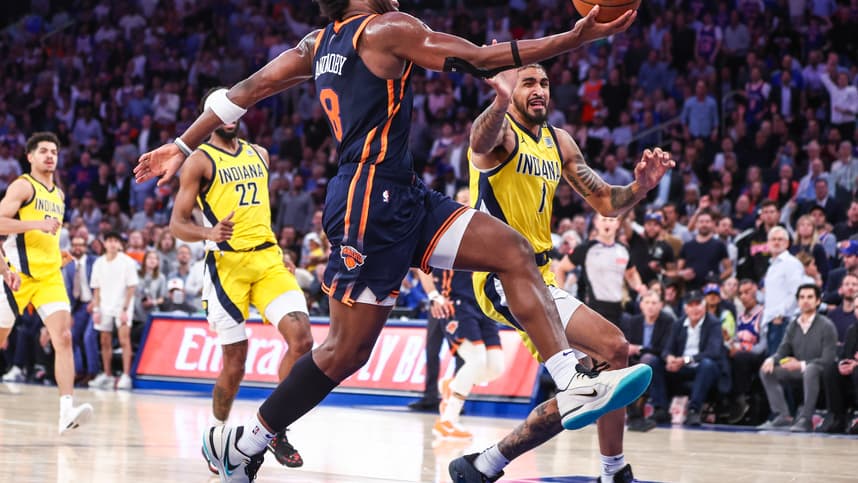 May 8, 2024; New York, New York, USA; New York Knicks forward OG Anunoby (8) drives past Indiana Pacers forward Obi Toppin (1) in the third quarter during game two of the second round for the 2024 NBA playoffs at Madison Square Garden. Mandatory Credit: Wendell Cruz-USA TODAY Sports
