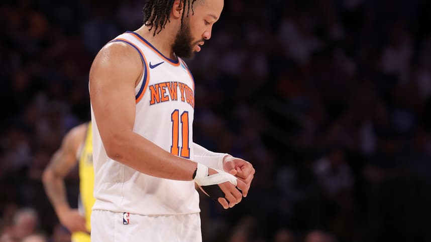 May 19, 2024; New York, New York, USA; New York Knicks guard Jalen Brunson (11) flexes his left hand during the third quarter of game seven of the second round of the 2024 NBA playoffs against the Indiana Pacers at Madison Square Garden. Mandatory Credit: Brad Penner-USA TODAY Sports