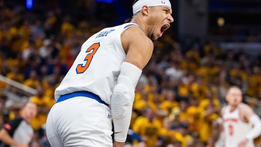 May 10, 2024; Indianapolis, Indiana, USA; New York Knicks guard Josh Hart (3) reacts to a made basket during game three of the second round for the 2024 NBA playoffs against the Indiana Pacers at Gainbridge Fieldhouse. Mandatory Credit: Trevor Ruszkowski-USA TODAY Sports