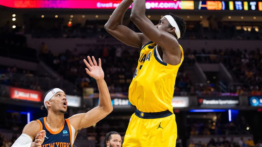 May 12, 2024; Indianapolis, Indiana, USA; Indiana Pacers forward Pascal Siakam (43) shoots the ball while New York Knicks guard Josh Hart (3)  defends during game four of the second round for the 2024 NBA playoffs at Gainbridge Fieldhouse. Mandatory Credit: Trevor Ruszkowski-USA TODAY Sports