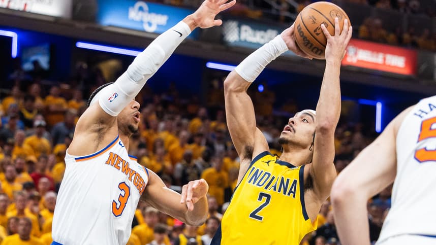 May 17, 2024; Indianapolis, Indiana, USA; Indiana Pacers guard Andrew Nembhard (2) shoots the ball while New York Knicks guard Josh Hart (3) defends during game six of the second round for the 2024 NBA playoffs at Gainbridge Fieldhouse. Mandatory Credit: Trevor Ruszkowski-USA TODAY Sports