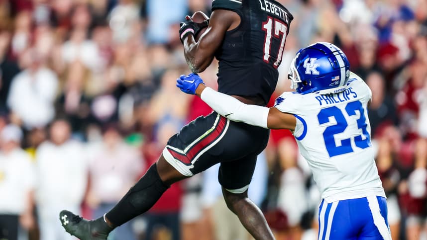 Nov 18, 2023; Columbia, South Carolina, USA; South Carolina Gamecocks wide receiver Xavier Legette (17) makes a touchdown reception over Kentucky Wildcats defensive back Andru Phillips (New York Giants) (23) in the second half at Williams-Brice Stadium. Mandatory Credit: Jeff Blake-USA TODAY Sports Kentucky