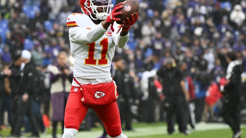 Jan 28, 2024; Baltimore, Maryland, USA; Kansas City Chiefs wide receiver Marquez Valdes-Scantling (11) warms up prior to the AFC Championship football game against the Baltimore Ravens at M&T Bank Stadium. Mandatory Credit: Tommy Gilligan-USA TODAY Sports