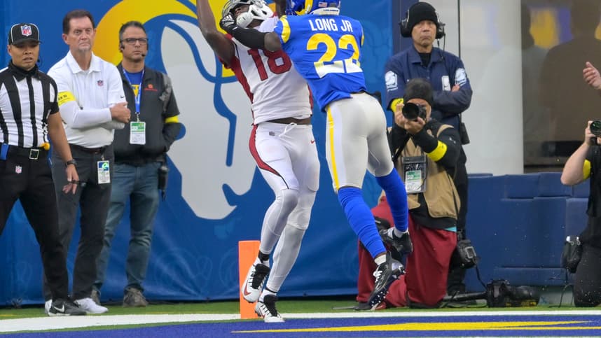 Nov 13, 2022; Inglewood, California, USA;  Arizona Cardinals wide receiver A.J. Green (18) catches the ball in front of Los Angeles Rams cornerback David Long Jr. (New York Giants) (22) for a touchdown in the first half at SoFi Stadium. Mandatory Credit: Jayne Kamin-Oncea-USA TODAY Sports