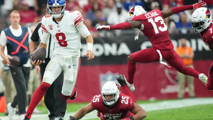 Sep 17, 2023; Glendale, Arizona, USA; New York Giants quarterback Daniel Jones (8) runs against the Arizona Cardinals during the second half at State Farm Stadium. Mandatory Credit: Joe Camporeale-USA TODAY Sports