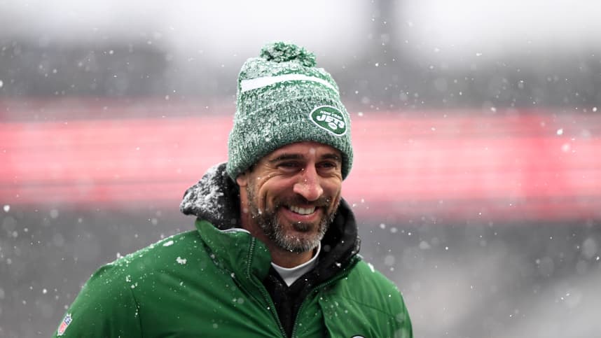 Jan 7, 2024; Foxborough, Massachusetts, USA; New York Jets quarterback Aaron Rodgers (8)  walks off of the field before a game against the New England Patriots at Gillette Stadium. Mandatory Credit: Brian Fluharty-USA TODAY Sports