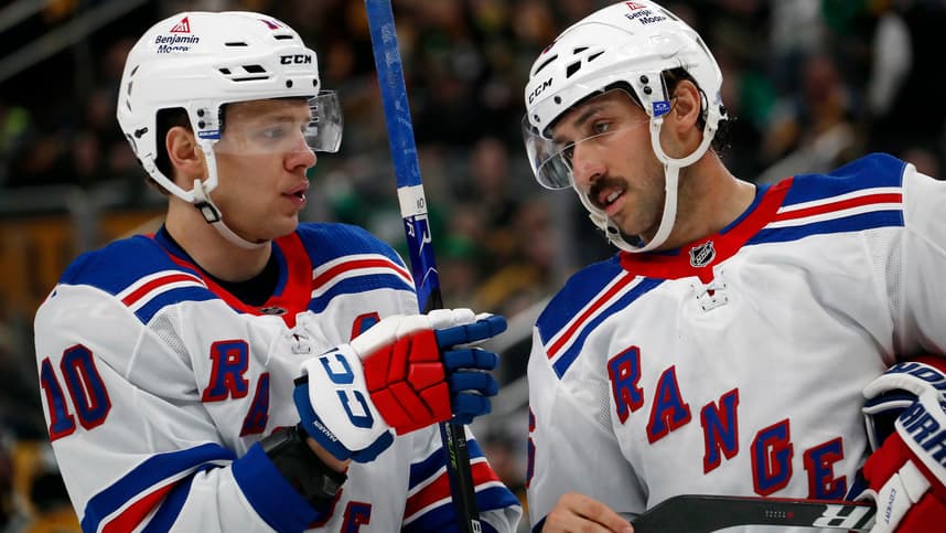 Mar 16, 2024; Pittsburgh, Pennsylvania, USA;  New York Rangers left wing Artemi Panarin (10) talks to center Vincent Trocheck (16) against the Pittsburgh Penguins during the second period at PPG Paints Arena. Mandatory Credit: Charles LeClaire-USA TODAY Sports