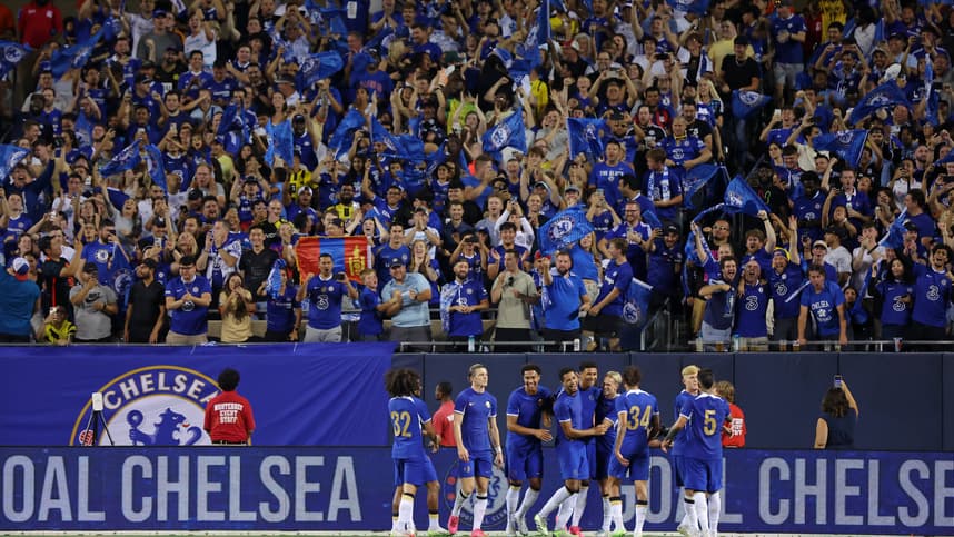 Aug 2, 2023; Chicago, Illinois, USA; Chelsea celebrate after forward Mason Burstow (48) scored a goal against Borussia Dortmund during the second half at Soldier Field. Mandatory Credit: Jon Durr-USA TODAY Sports