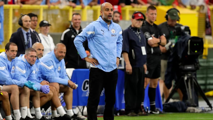 Manchester City manager Pep Guardiola watches a play during the team's exhibition match against FC Bayern Munich at Lambeau Field on July 23, 2022, in Green Bay, Wis.  Gpg Lambeausoccer 072322 Sk48