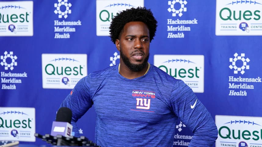 New York Giants assistant general manager Brandon Brown talks to reporters after the first day of mandatory minicamp at the Giants training center in East Rutherford on Tuesday, June 13, 2023.