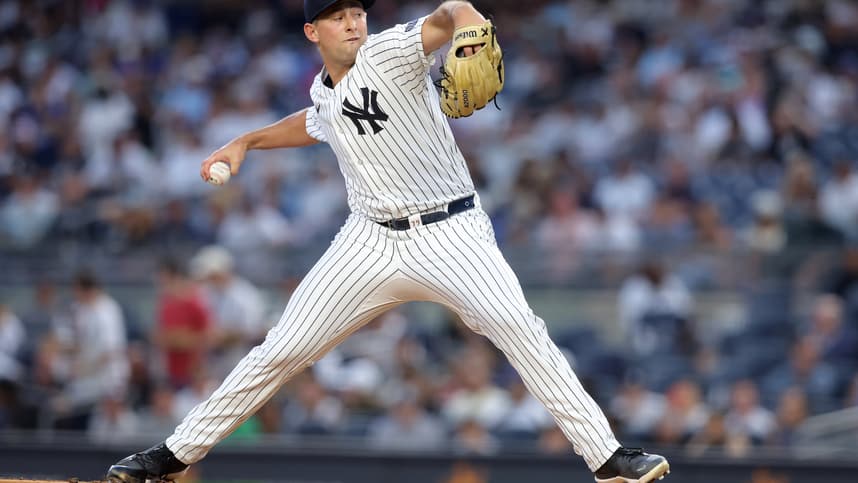 Jun 7, 2024; Bronx, New York, USA; New York Yankees starting pitcher Cody Poteet (72) pitches against the Los Angeles Dodgers during the first inning at Yankee Stadium. Mandatory Credit: Brad Penner-USA TODAY Sports