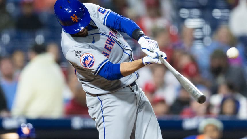 May 15, 2024; Philadelphia, Pennsylvania, USA; New York Mets designated hitter J.D. Martinez (28) hits a home run during the eighth inning against the Philadelphia Phillies at Citizens Bank Park. Mandatory Credit: Bill Streicher-USA TODAY Sports