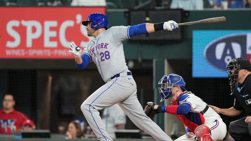 Jun 17, 2024; Arlington, Texas, USA; New York Mets designated hitter J.D. Martinez (28) follows through on his single against the Texas Rangers during the first inning at Globe Life Field. Mandatory Credit: Jim Cowsert-USA TODAY Sports