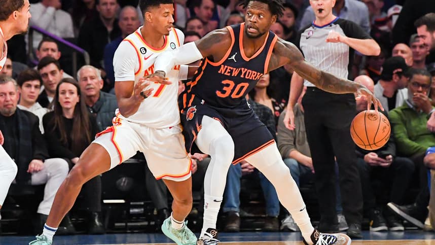 Dec 7, 2022; New York, New York, USA;   New York Knicks forward Julius Randle (30) dribbles the ball defended by Atlanta Hawks guard Jarrett Culver (7) during the first quarter at Madison Square Garden. Mandatory Credit: Dennis Schneidler-USA TODAY Sports