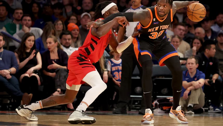 Nov 25, 2022; New York, New York, USA; New York Knicks forward Julius Randle (30) controls the ball against Portland Trail Blazers forward Jerami Grant (9) during the first quarter at Madison Square Garden. Mandatory Credit: Brad Penner-USA TODAY Sports