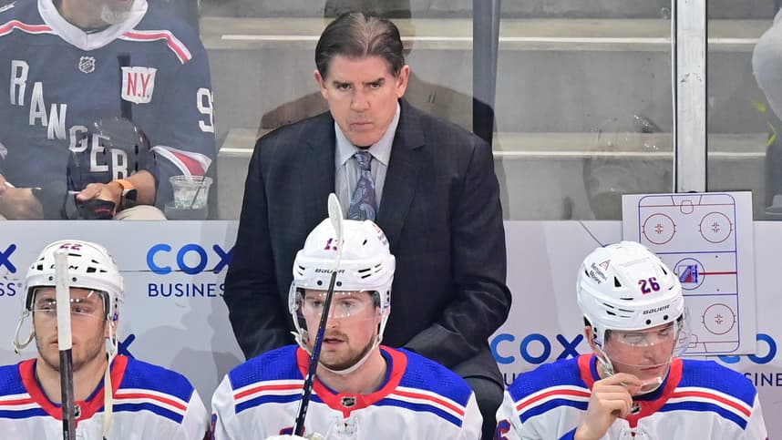 Mar 30, 2024; Tempe, Arizona, USA;  New York Rangers head coach Peter Laviolette looks on prior to the game against the Arizona Coyotes at Mullett Arena. Mandatory Credit: Matt Kartozian-USA TODAY Sports