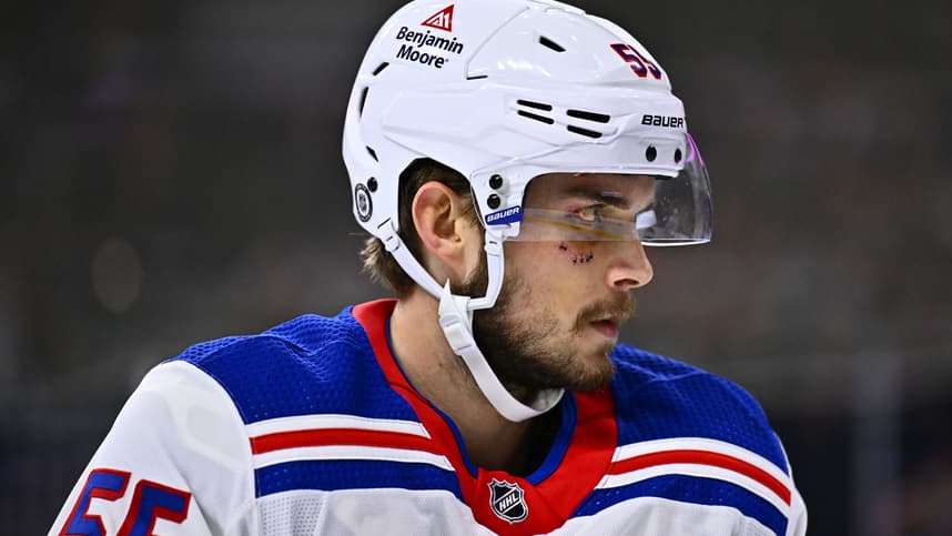 Feb 24, 2024; Philadelphia, Pennsylvania, USA; New York Rangers defenseman Ryan Lindgren (55) looks on against the Philadelphia Flyers in the third period at Wells Fargo Center. Mandatory Credit: Kyle Ross-USA TODAY Sports