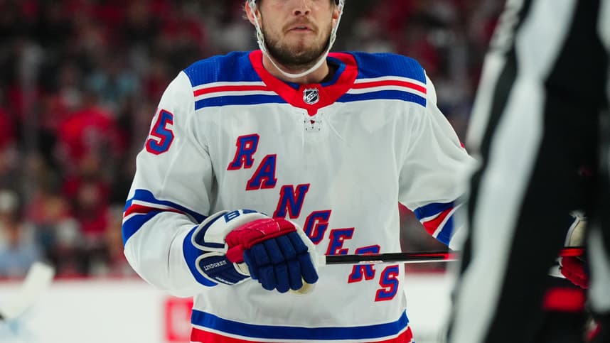 May 11, 2024; Raleigh, North Carolina, USA; New York Rangers defenseman Ryan Lindgren (55) reacts during the first period against the Carolina Hurricanes in game four of the second round of the 2024 Stanley Cup Playoffs at PNC Arena. Mandatory Credit: James Guillory-USA TODAY Sports