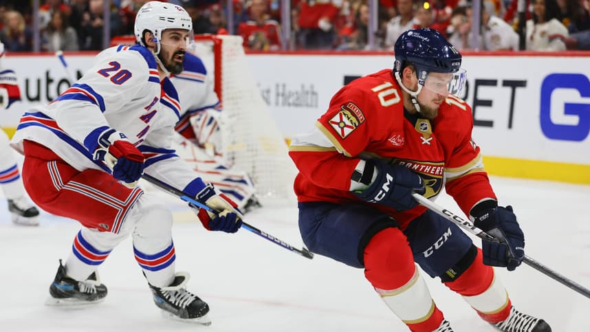 May 26, 2024; Sunrise, Florida, USA; Florida Panthers right wing Vladimir Tarasenko (10) moves the puck past New York Rangers left wing Chris Kreider (20) during the first period in game three of the Eastern Conference Final of the 2024 Stanley Cup Playoffs at Amerant Bank Arena. Mandatory Credit: Sam Navarro-USA TODAY Sports