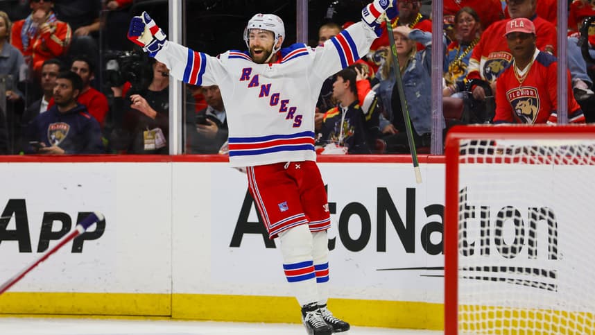 May 26, 2024; Sunrise, Florida, USA; New York Rangers center Barclay Goodrow (21) celebrates after scoring against the Florida Panthers during the second period in game three of the Eastern Conference Final of the 2024 Stanley Cup Playoffs at Amerant Bank Arena. Mandatory Credit: Sam Navarro-USA TODAY Sports