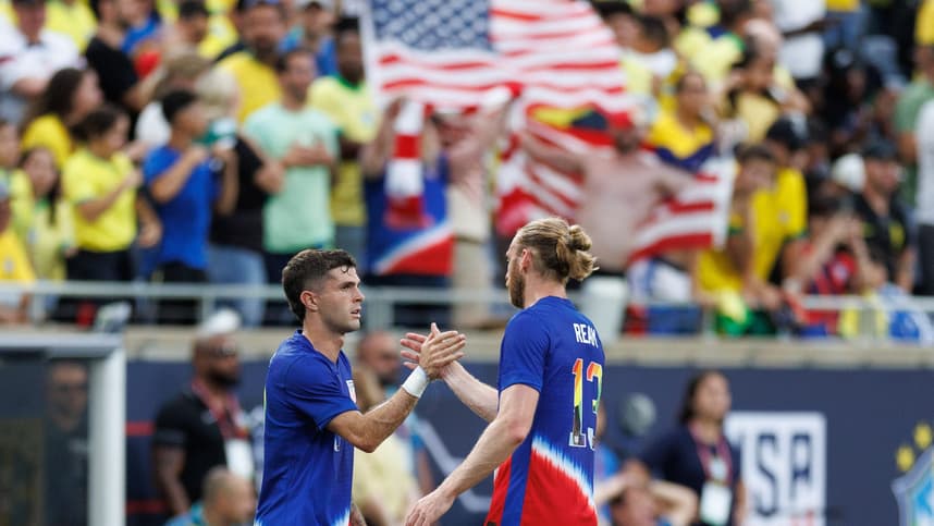 Jun 12, 2024; Orlando, Florida, USA; USMNT United States midfielder Christian Pulisic (10) celebrates after scoring a goal against Brazil in the first half during the Continental Clasico at Camping World Stadium. Mandatory Credit: Nathan Ray Seebeck-USA TODAY Sports