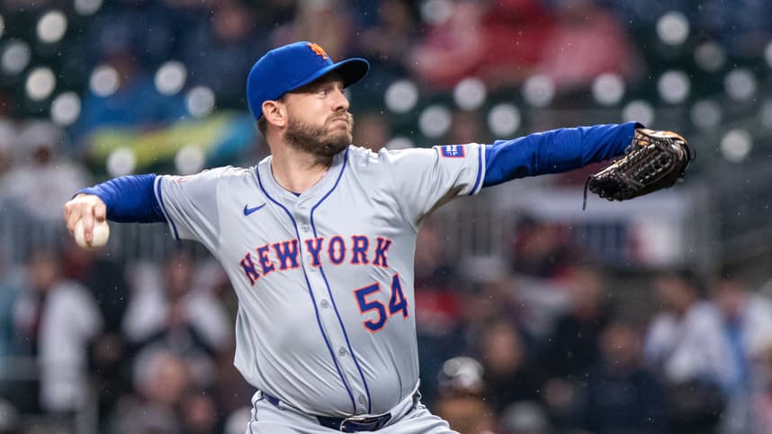 Apr 9, 2024; Cumberland, Georgia, USA; New York Mets pitcher Cole Susler (54) pitches against Atlanta Braves during the eighth inning at Truist Park. Mandatory Credit: Jordan Godfree-USA TODAY Sports