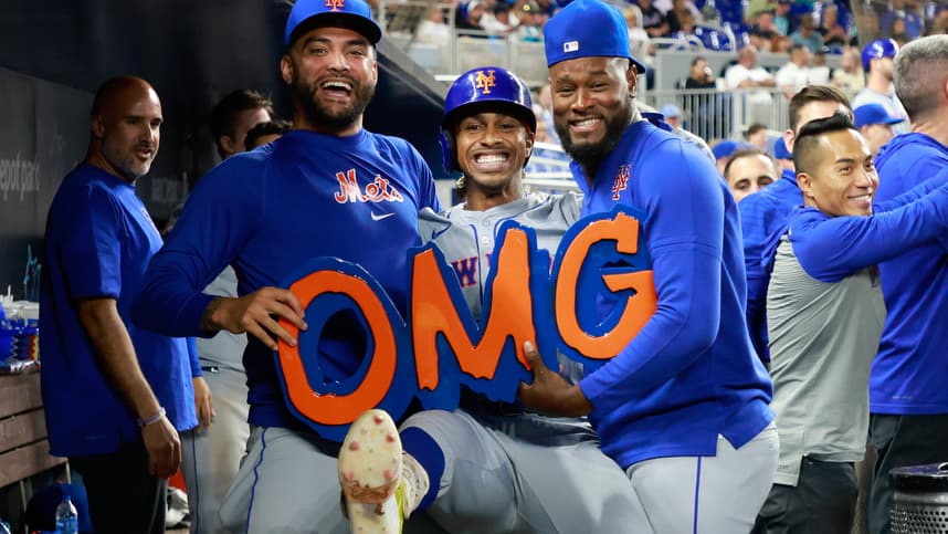 Jul 22, 2024; Miami, Florida, USA;  New York Mets starting pitcher Luis Severino (40) shortstop Francisco Lindor (12)  and New York Mets starting pitcher Sean Manaea (59) celebrate Lindor's home run against the Miami Marlins in the ninth inning at loanDepot Park. Mandatory Credit: Rhona Wise-USA TODAY Sports