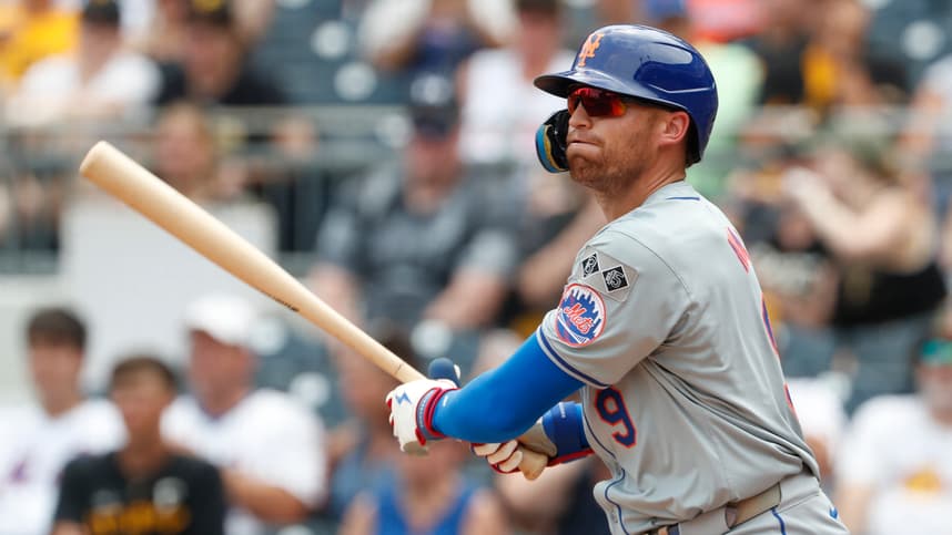 Jul 8, 2024; Pittsburgh, Pennsylvania, USA;  New York Mets left fielder Brandon Nimmo (9) hits a single against the Pittsburgh Pirates during the eighth inning at PNC Park.  The Pirates won 8-2. Mandatory Credit: Charles LeClaire-USA TODAY Sports