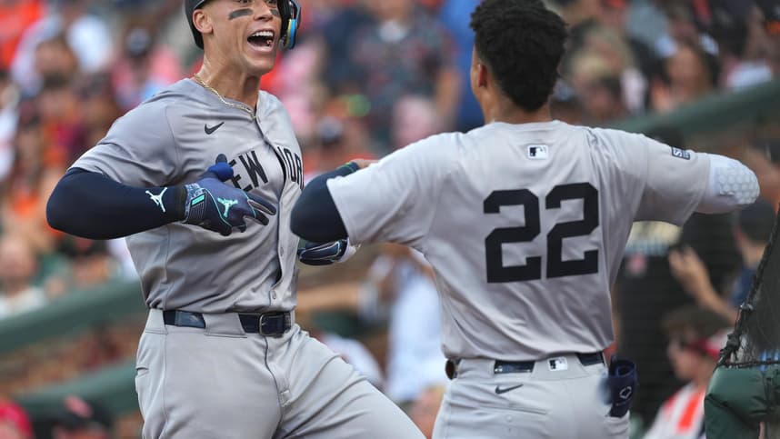 Jul 13, 2024; Baltimore, Maryland, USA; New York Yankees outfielder Aaron Judge (99) greeted by outfielder Juan Soto (22) following his solo home run in the fifth inning against the Baltimore Orioles at Oriole Park at Camden Yards. Mandatory Credit: Mitch Stringer-USA TODAY Sports