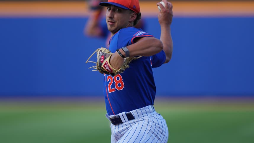 Mar 15, 2024; Port St. Lucie, Florida, USA; New York Mets pitcher Brandon Sproat (28) warms-up in the sixth inning against the Washington Nationals in the Spring Breakout game at Clover Park. Mandatory Credit: Jim Rassol-USA TODAY Sports