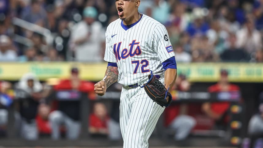 Jul 9, 2024; New York City, New York, USA;  New York Mets relief pitcher Dedniel Núñez (72) reacts after retiring the side in the eighth inning against the Washington Nationals at Citi Field. Mandatory Credit: Wendell Cruz-USA TODAY Sports