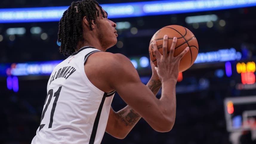 Apr 12, 2024; New York, New York, USA; Brooklyn Nets forward Noah Clowney (21) shoots the ball against the New York Knicks during the first quarter at Madison Square Garden. Mandatory Credit: Vincent Carchietta-USA TODAY Sports