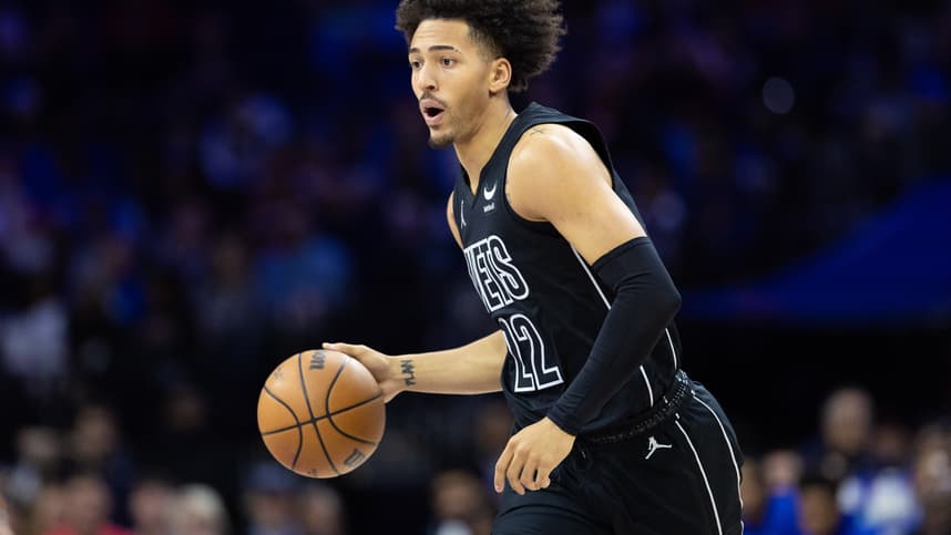 Apr 14, 2024; Philadelphia, Pennsylvania, USA; Brooklyn Nets forward Jalen Wilson (22) dribbles the ball against the Philadelphia 76ers during the first quarter at Wells Fargo Center. Mandatory Credit: Bill Streicher-USA TODAY Sports
