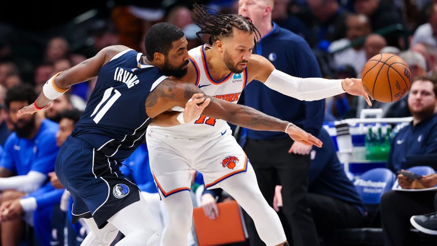 Jan 11, 2024; Dallas, Texas, USA; Dallas Mavericks guard Kyrie Irving (11) knocks the ball away from New York Knicks guard Jalen Brunson (11) during the second half at American Airlines Center. Mandatory Credit: Kevin Jairaj-USA TODAY Sports