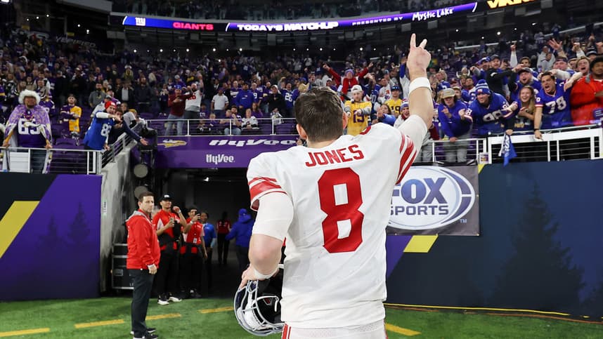 Jan 15, 2023; Minneapolis, Minnesota, USA; New York Giants quarterback Daniel Jones (8) reacts after winning a wild card game against the Minnesota Vikings at U.S. Bank Stadium. Mandatory Credit: Matt Krohn-USA TODAY Sports