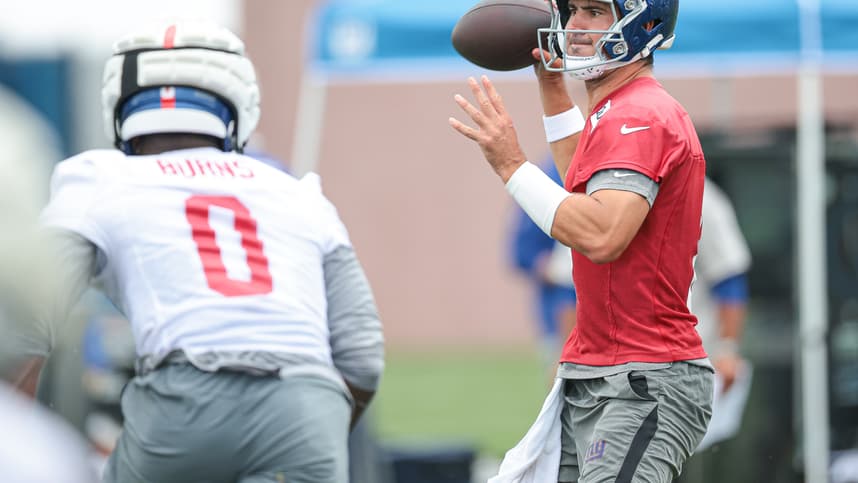 Jul 24, 2024; East Rutherford, NJ, USA; New York Giants quarterback Daniel Jones (8) passes the ball during training camp at Quest Diagnostics Training Facility. Mandatory Credit: Vincent Carchietta-USA TODAY Sports