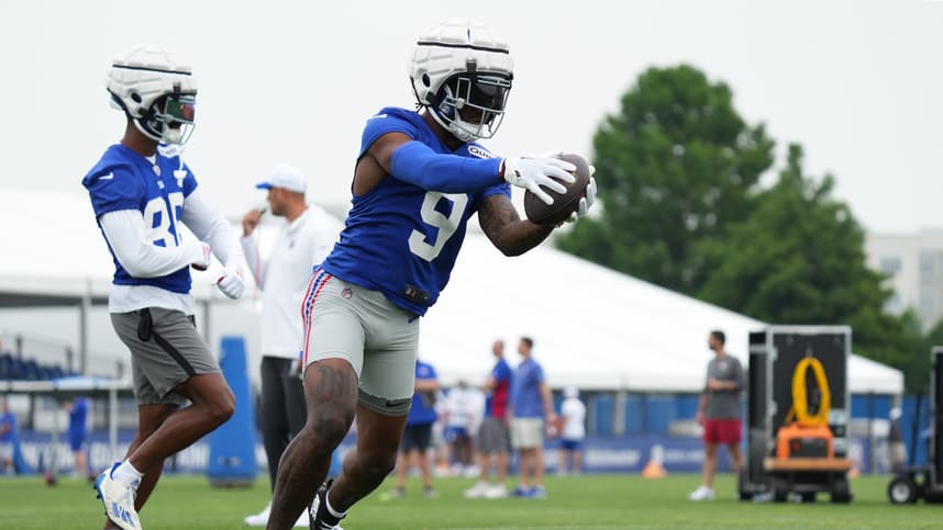 Jul 25, 2024; East Rutherford, NY, USA; New York Giants wide receiver Malik Nabers (9) catches a pass during training camp at Quest Diagnostics Training Center. Mandatory Credit: Lucas Boland-USA TODAY Sports